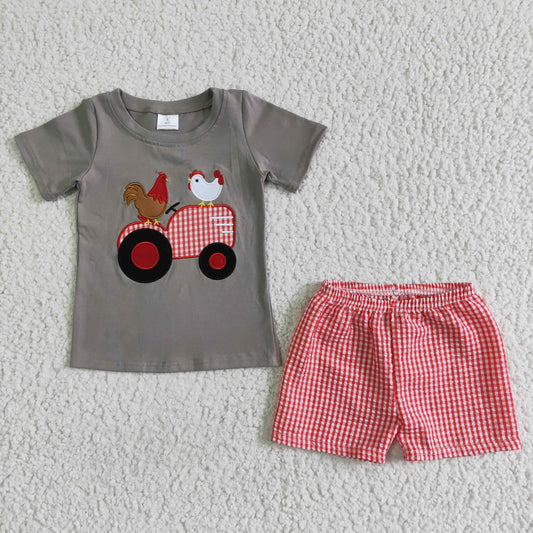 boy cotton short sleeve shirt and plaid seersucker shorts outfit with farm style