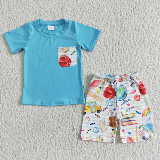 boy blue cotton short sleeve shirt and pencil print shorts kids back to school outfit