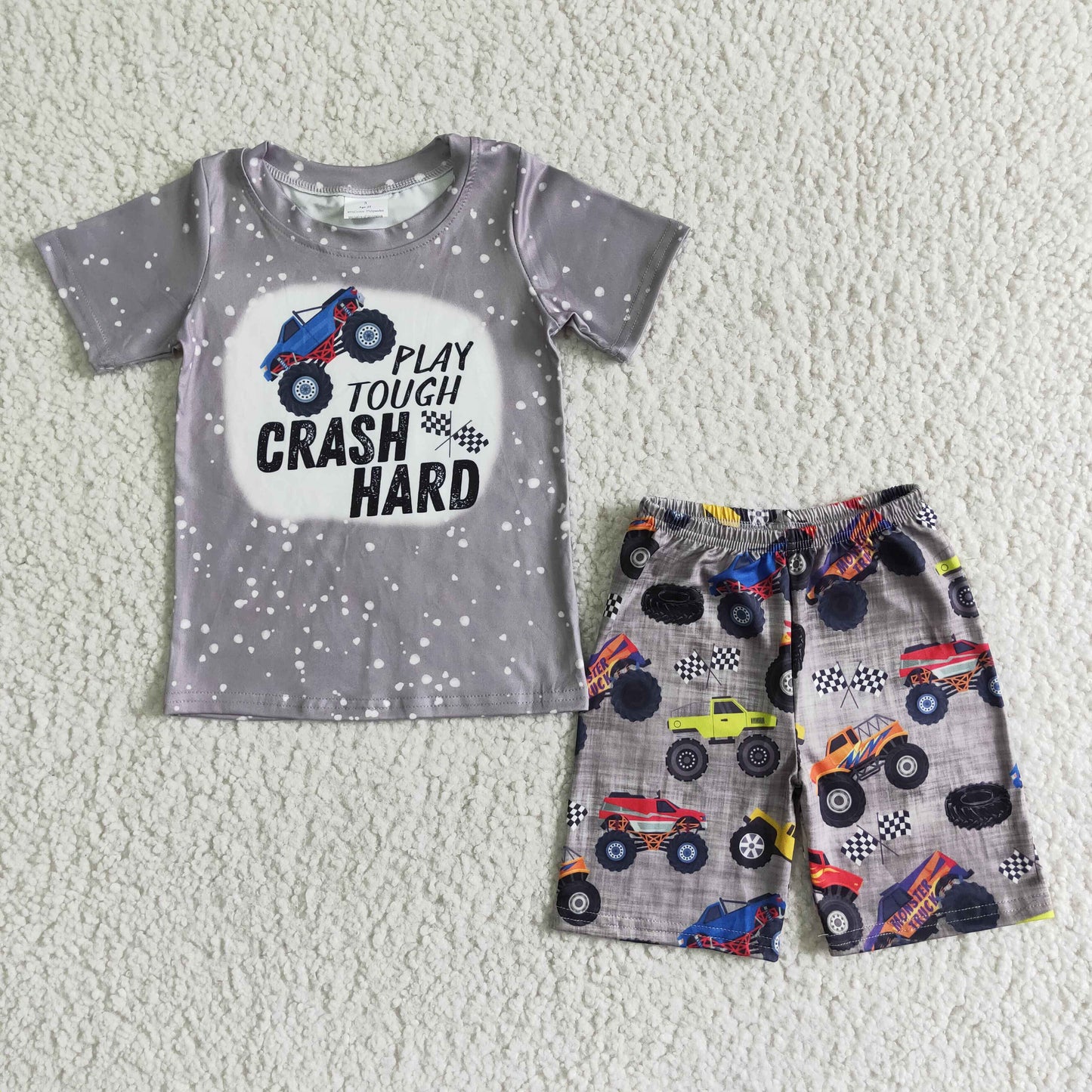 boy grey short sleeve top and bus print shorts set kids summer outfit