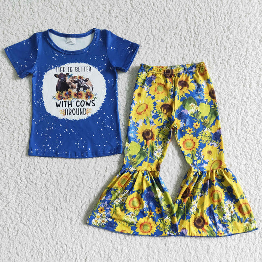 girl short sleeve top and sunflowers flare pants set kids cute milk cow outfit