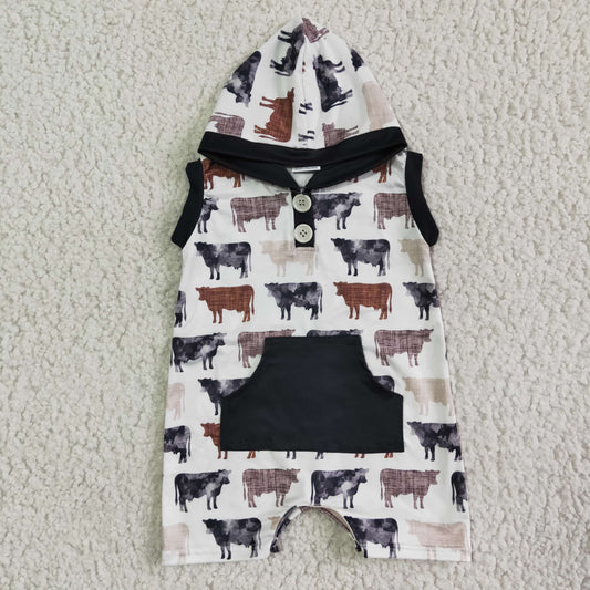 boy sleeveless hoodie romper kids cow print farm jumpsuit