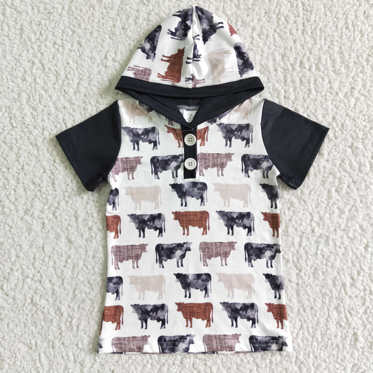 kids cow print top boy hoodie with short sleeve