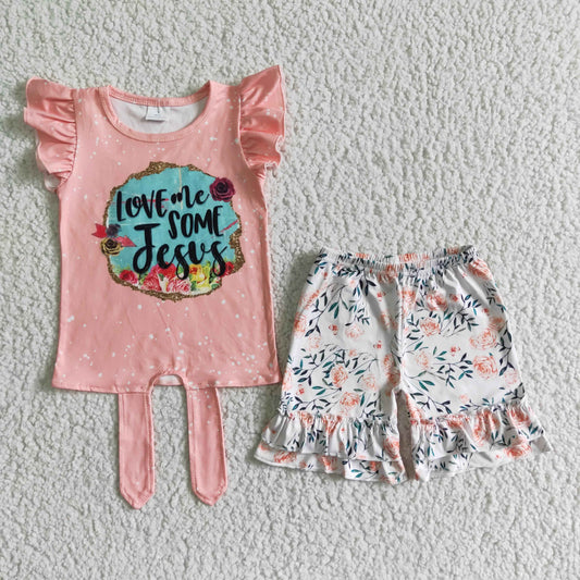ready to ship kids clothes girl pink top amtch floral shorts set