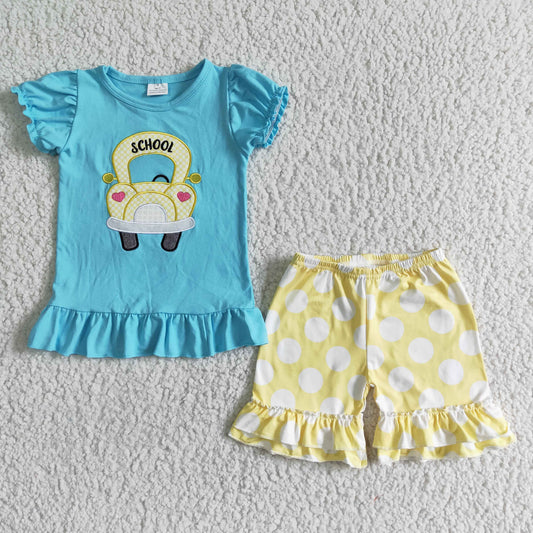 girl blue cotton embroidery bus top and ruffle shorts set kids back to school outfit