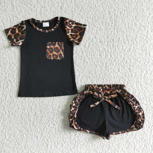 girl leopard short sleeve top and elastic waist shorts outfit with pocket