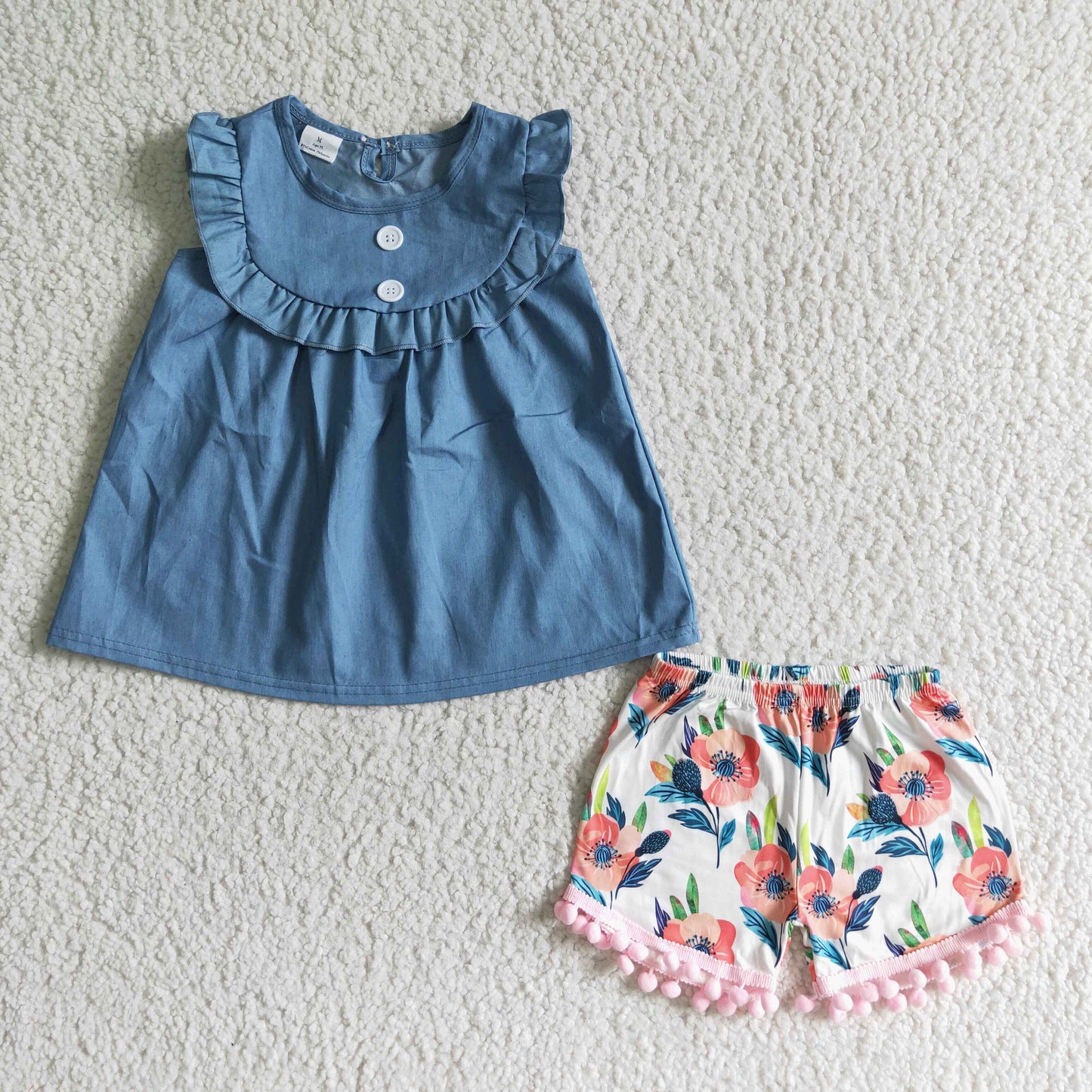 A8-4 girl fashion denim top and flowers pattern shorts set kids summer short sleeve outfit