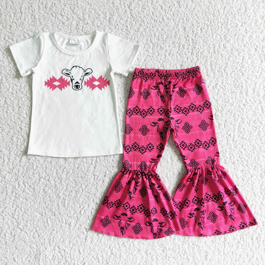 girl white short sleeve blouses and rhombus pattern bell pants outfit