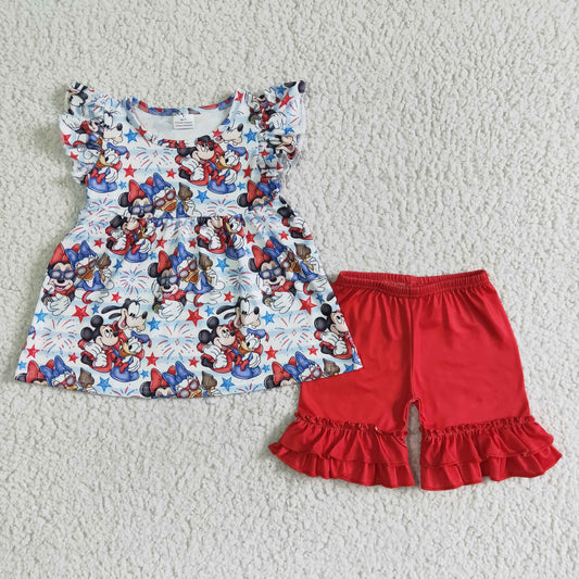 National Day girl flutter sleeve top and red cotton shorts outfit