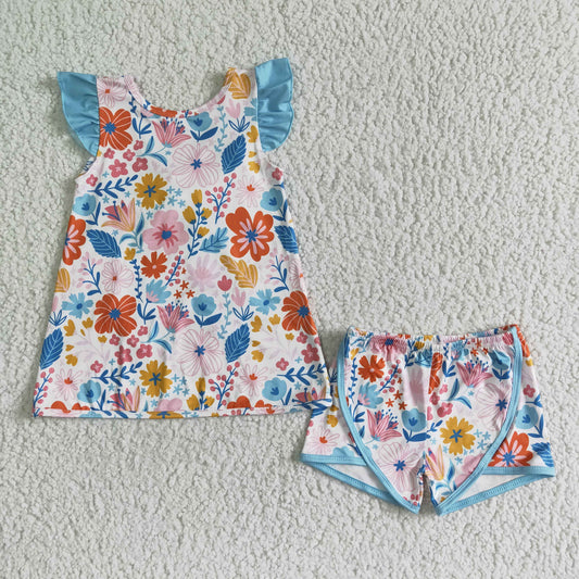girl new arrival floral outfit with short sleeve bow-knot top and shorts