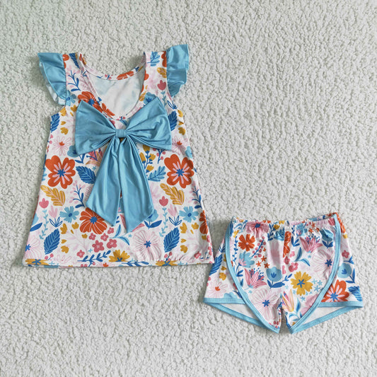 girl new arrival floral outfit with short sleeve bow-knot top and shorts