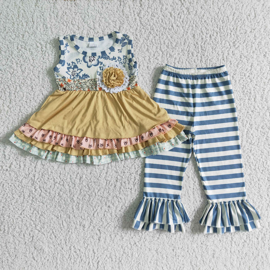 baby girls sleeveless ruffles top and stripes long pants set with flowers
