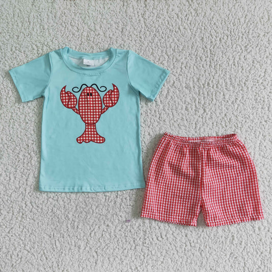 boy blue short sleeve shirt and plaid seersucker shorts outfit with lobster print