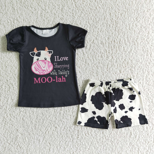 A6-12 new arrival kids summer clothes ready to ship girl black puff sleeve top and milk cow print shorts