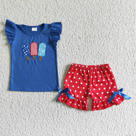 girl National Day blue cotton flutter sleeve top and white dot shorts outfit with popsicle embroidery