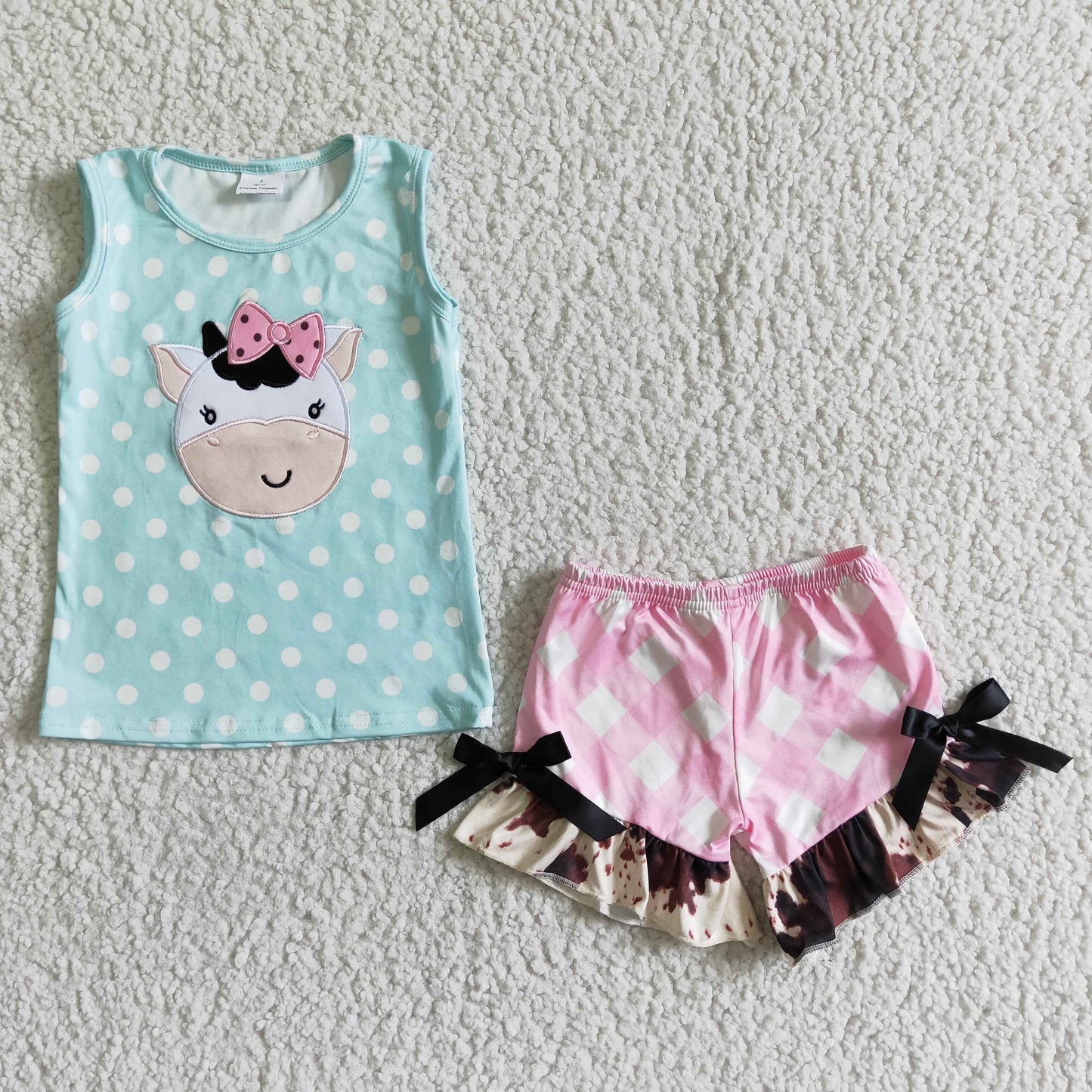 girl cute milk cow embroidery tank top match ruffle shorts outfit
