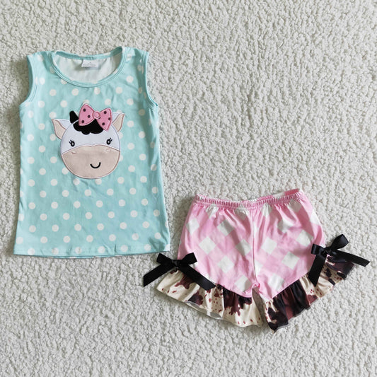 girl cute milk cow embroidery tank top match ruffle shorts outfit