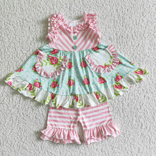 girl sleeveless top with pockets and stripes shorts set kids summer floral outfit