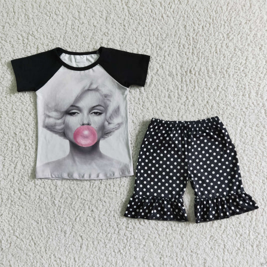 A5-3 girl raglan sleeve shirt and dot shorts 2 pieces set