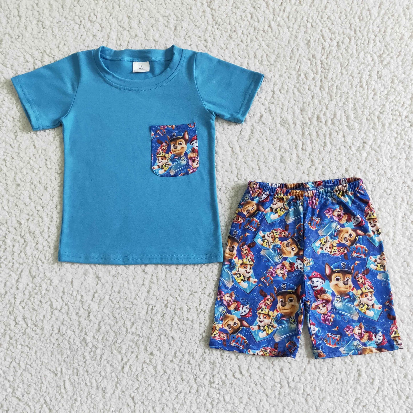 boy blue cotton short sleeve top and elastic waist shorts 2pieces with pocket