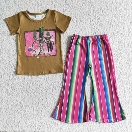 high quality children girl short sleeve shirt and bell bottom outfit