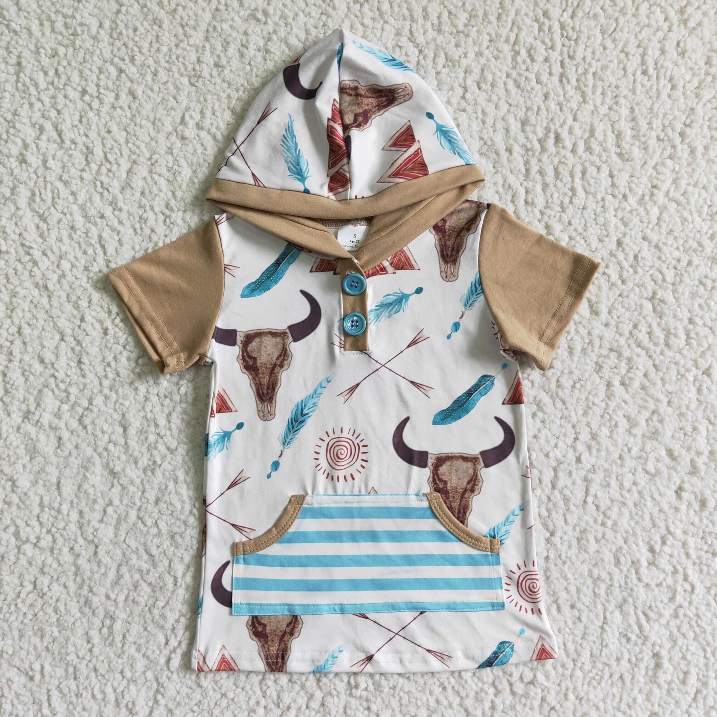 boy hooded short sleeve top with striped pocket