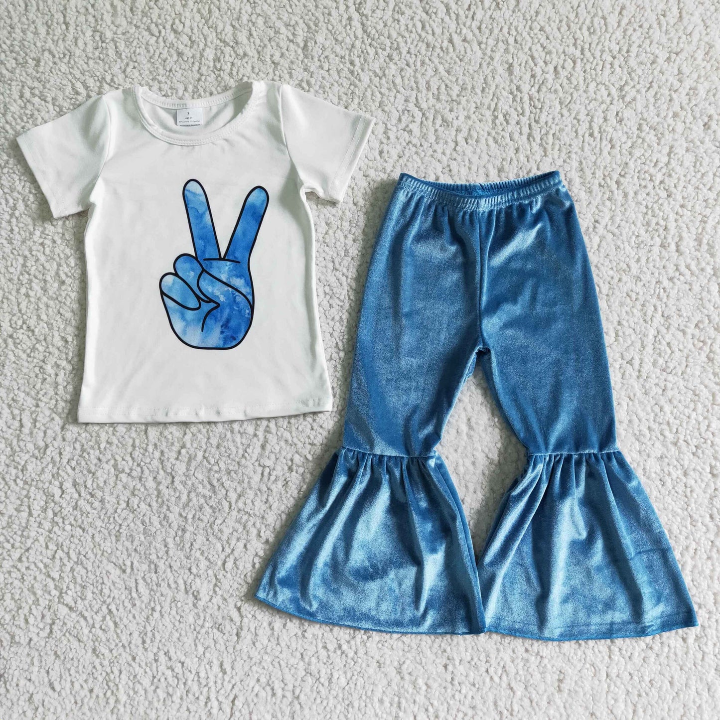 girl white shirt match blue velvet bell pants set kids spring outfit