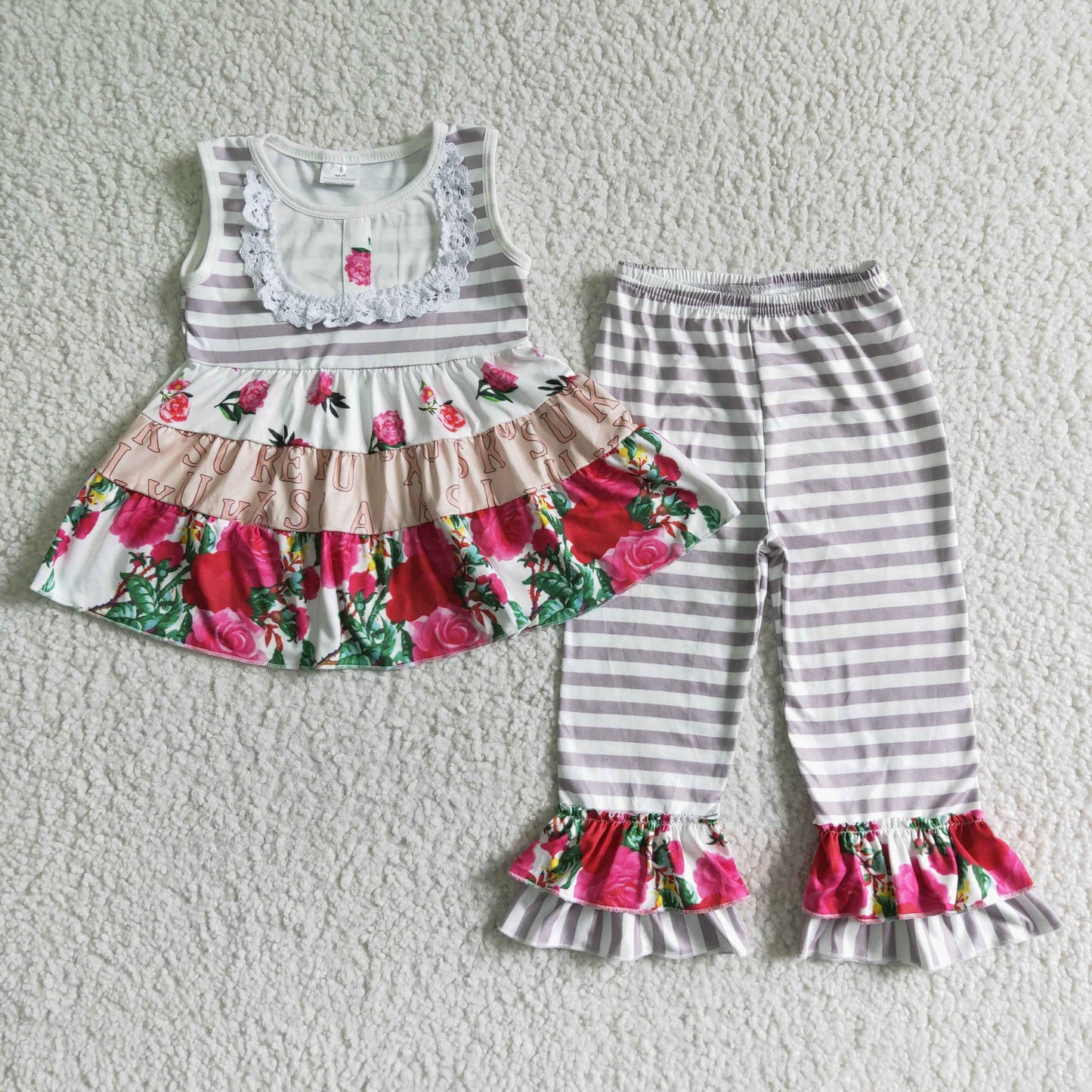 girl fashion sleeveless floral top and stripes pants 2pieces set