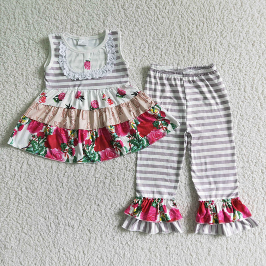 girl fashion sleeveless floral top and stripes pants 2pieces set