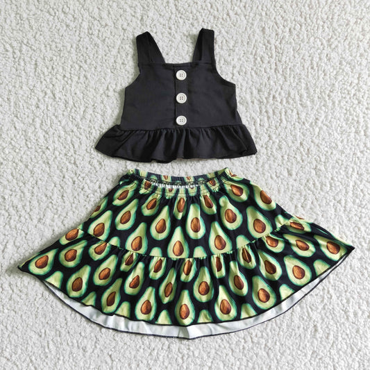 fashion girl black tank match avocado print skirt kids summer party outfit