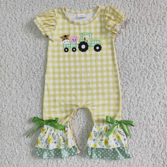 baby girls puff sleeve yellow and white plaids jumpsuit infants farm romper