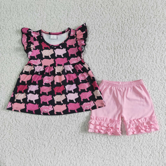 baby girls animal flutter sleeve top and pink cotton icing ruffles shorts set