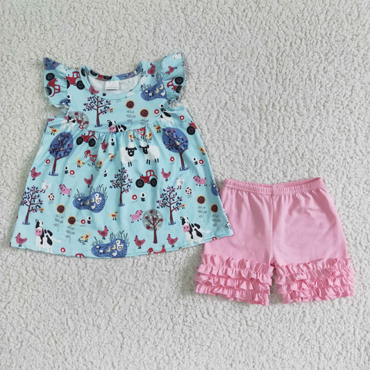 new arrival girl animal pattern top and pink cotton icing ruffle shorts outfit