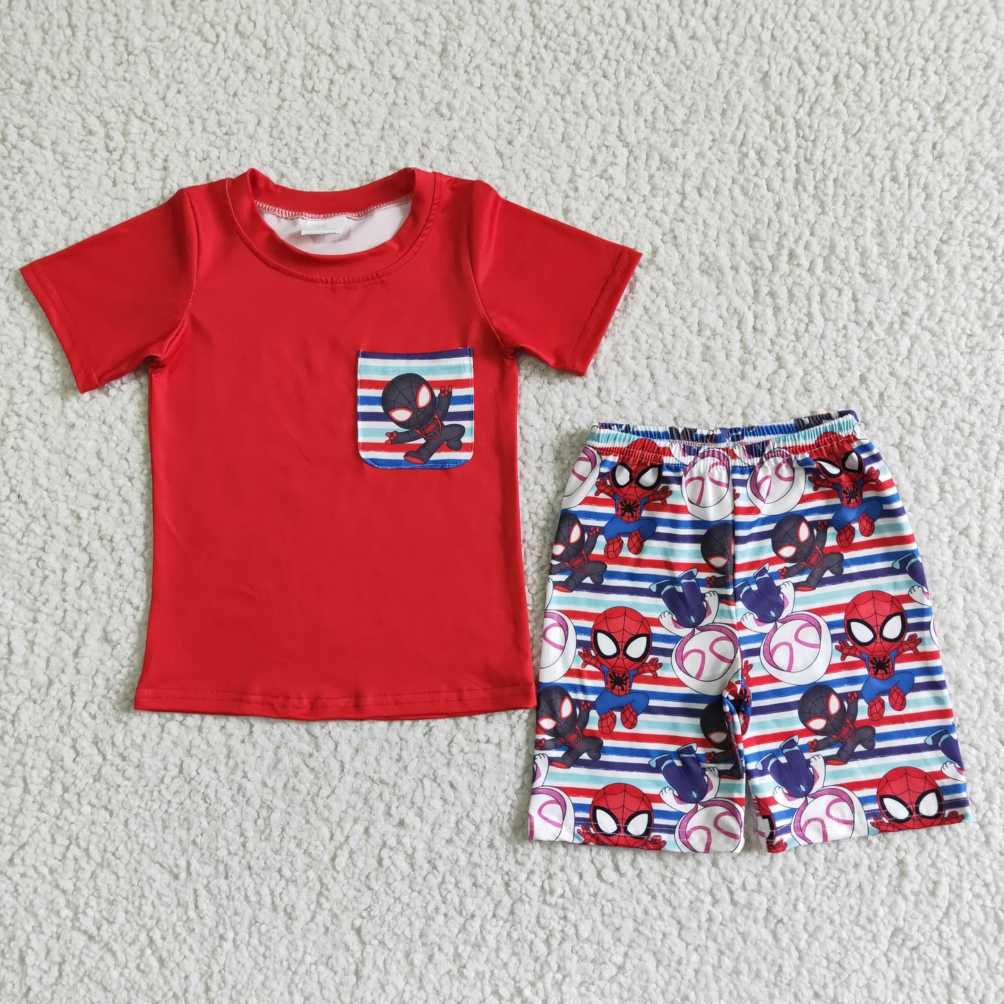 boy red cotton t-shirt and knee length shorts kids summer short sleeve outfit