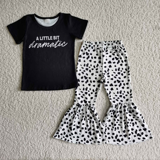 girl black short sleeve shirt match elastic waist bell bottom 2pieces set