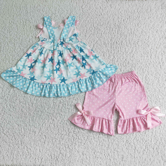 baby girls cute starfish pattern top and pink ruffle shorts 2pieces set kids summer outfit with bow-knot