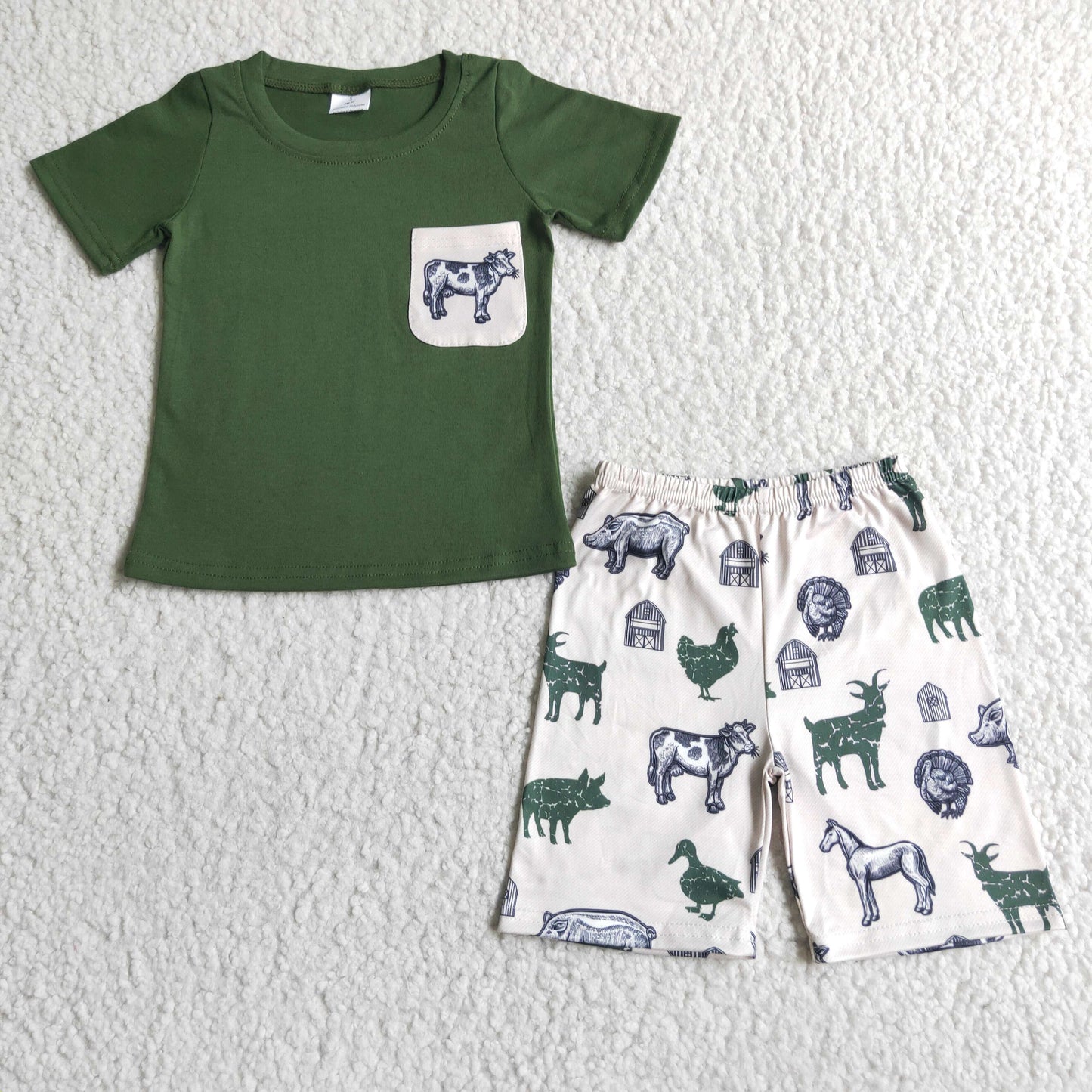 boy dark green cotton short sleeve top match animal print shorts summer outfit