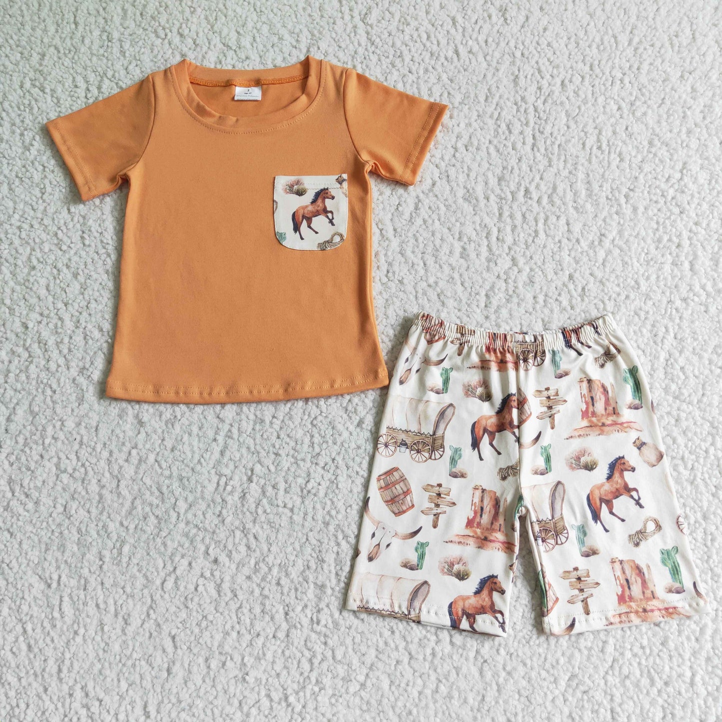 baby boy orange cotton short sleeve shirt and horse print shorts outfit