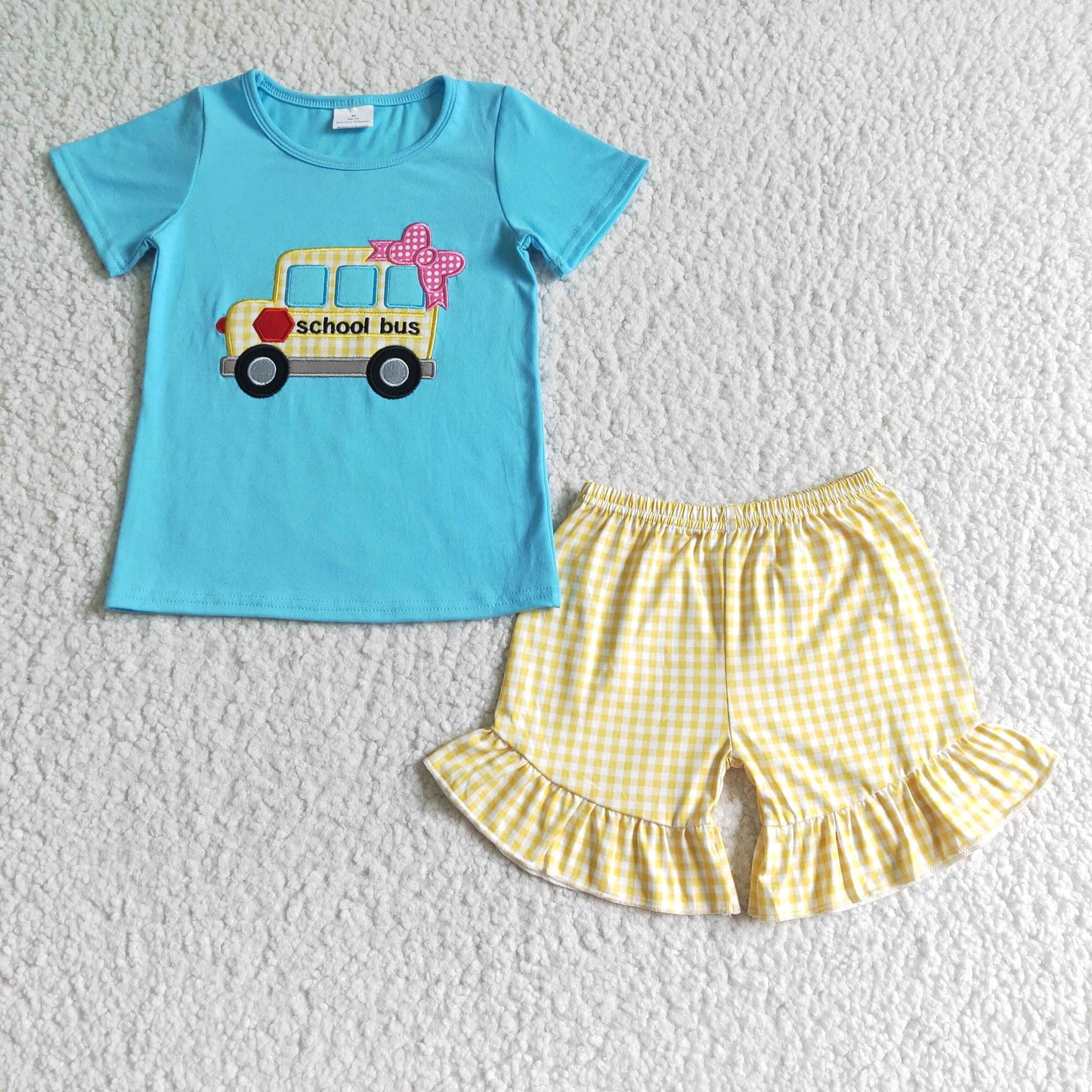 student back to school clothes girl school bus embroidery cotton top and plaids shorts set