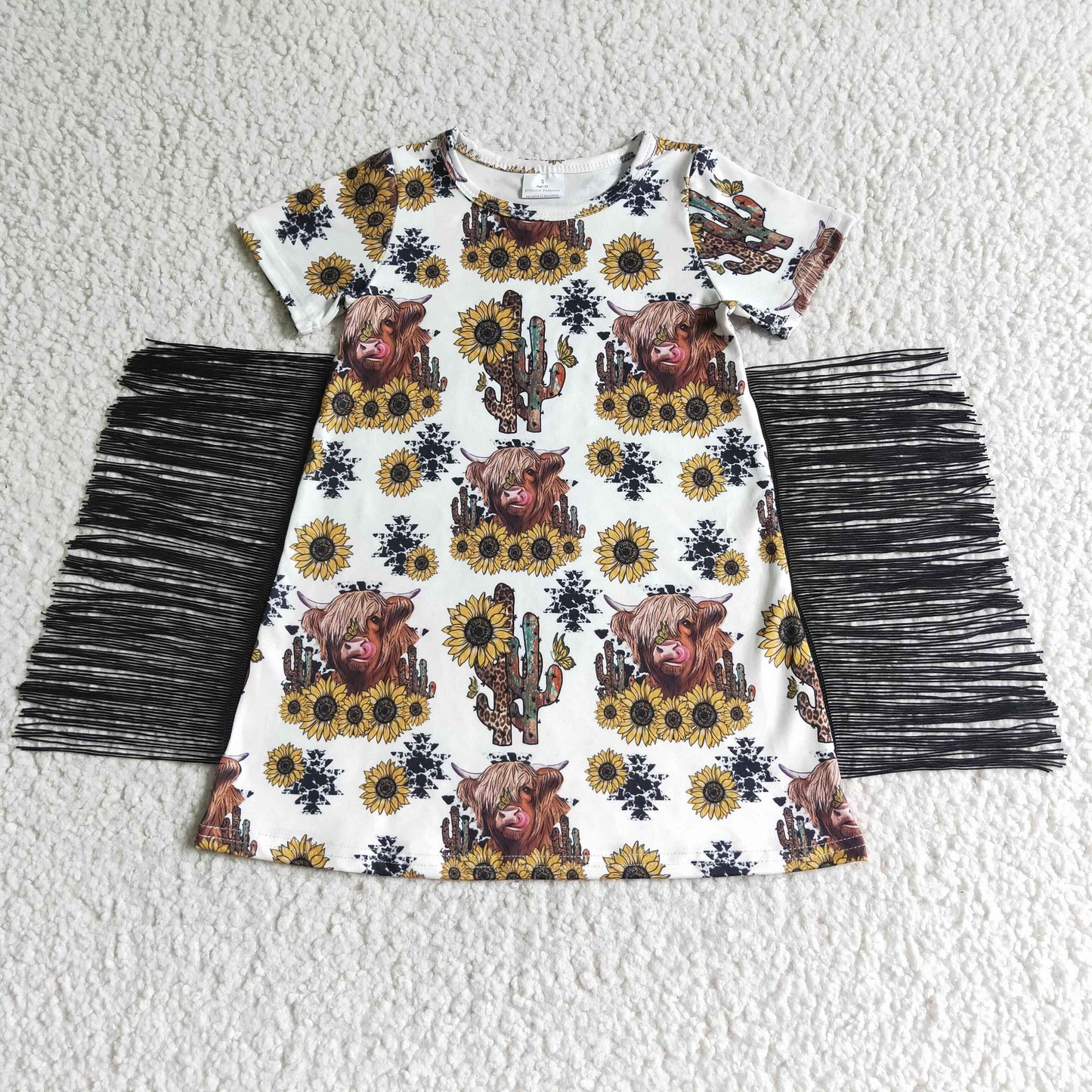 New arrival girl short sleeve frock with tassel kids highland cow print dress