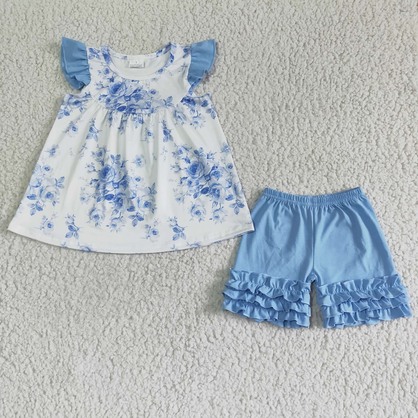 girl ready to ship summer clothes kids flutter short sleeve top and sky blue cotton shorts set