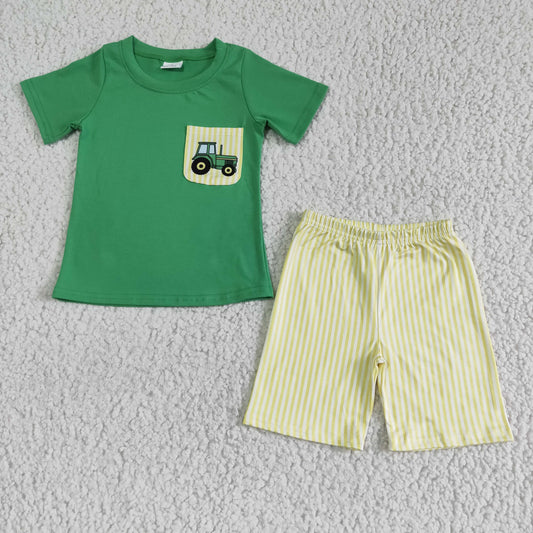 boy green cotton blouses and stripes shorts 2pieces kids summer clothes