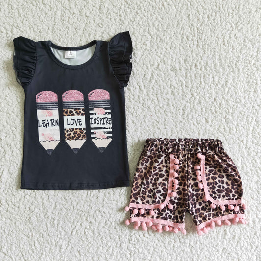 girl summer outfit for back to school kids black top with pencil print and leopard shorts set
