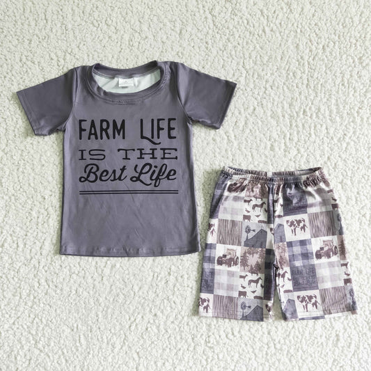 boy farm life style summer outfit with short sleeve shirt and shorts