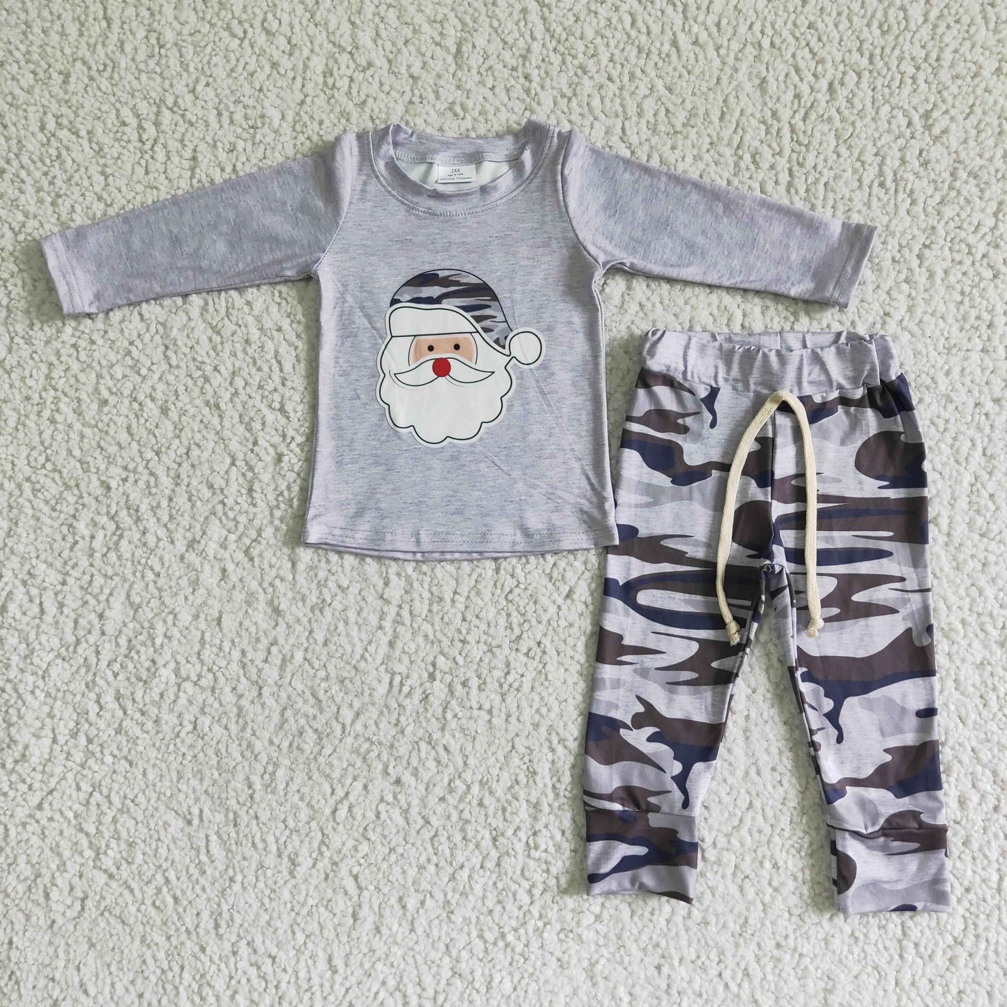 boy gray long sleeve top and camo pants 2pieces set kids santa print outfit