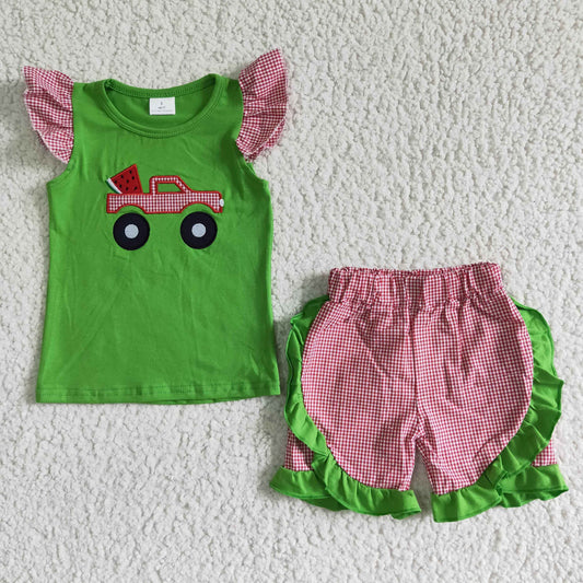 girl summer watermelon and truck embroidery top and seersucker shorts outfit