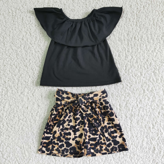 girl black solid color top match leopard shorts set with belt