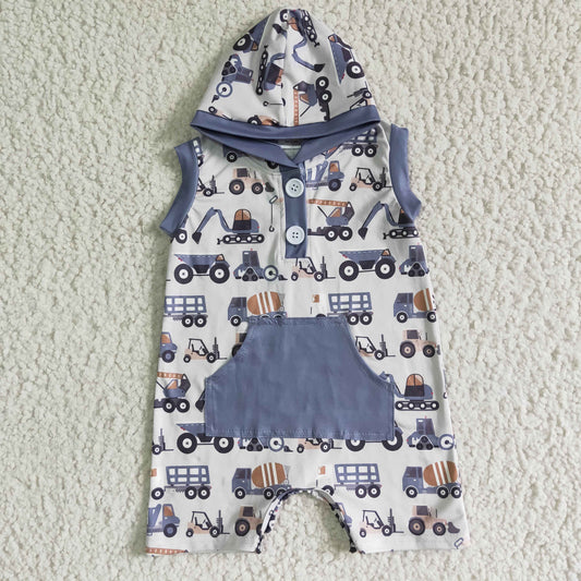 baby boy excavator print hooded romper kids sleeveless jumpsuit