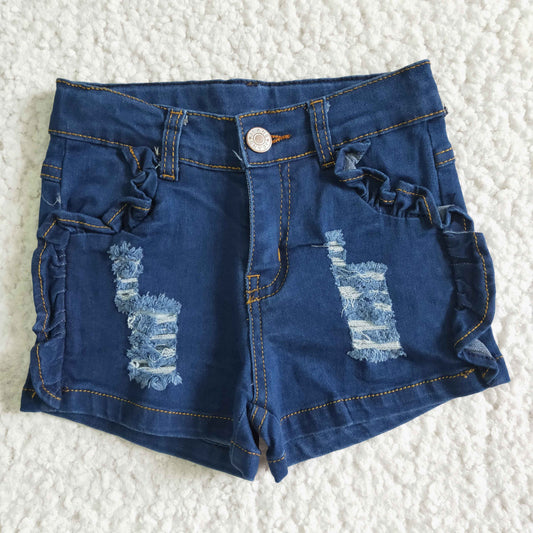 summer fashion girl dark blue denim shorts with ruffle