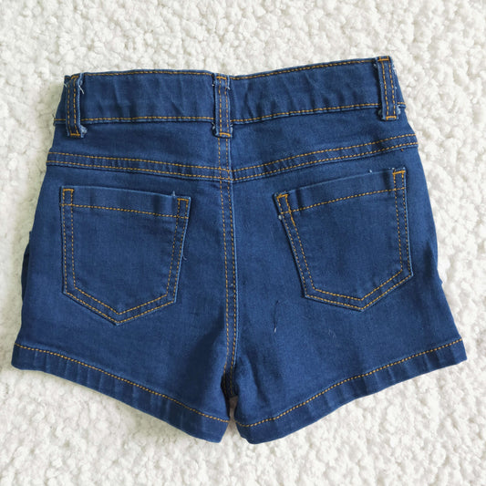 summer fashion girl dark blue denim shorts with ruffle