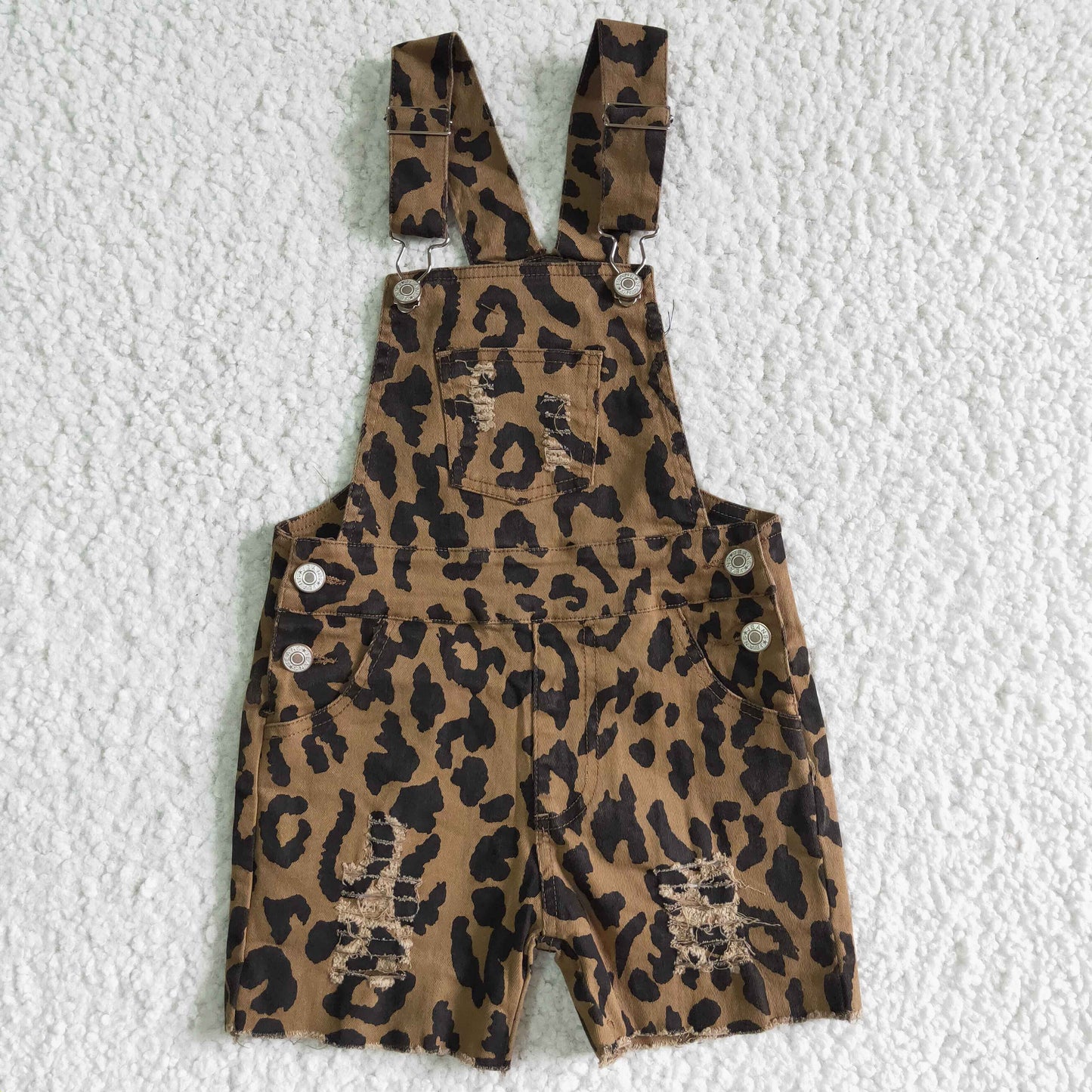 new arrival kids fashion denim overalls boy and girls leopard print jumpsuit with holey